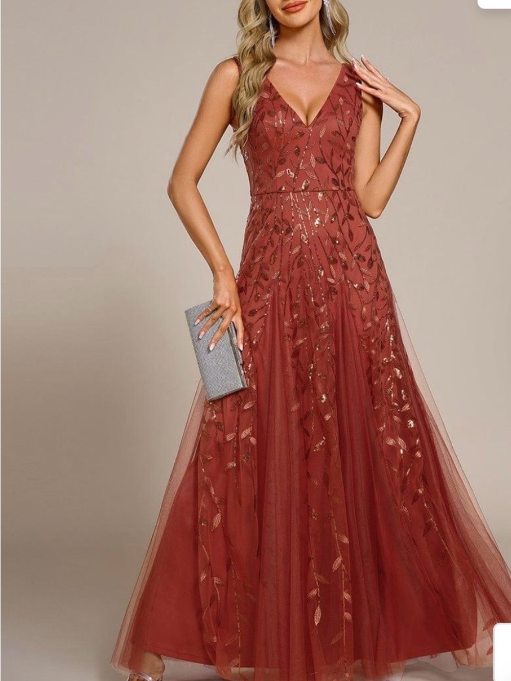 Ever Pretty Rust Embroidered V-Neck Tulle Maxi Dress